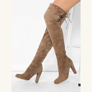 Suede Taupe Almond Round Toe High Heel Thigh High Boots Size 8